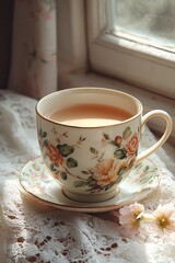 Cozy afternoon tea in a sunlit room with flowers near the window