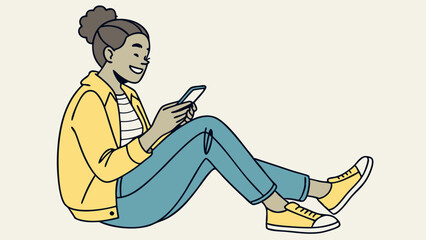 Young smiling woman sitting cross legged and holding smartphone. 3d vector people character illustration. Cartoon minimal style.