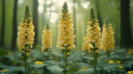 Vibrant yellow flowers blooming in a serene forest environment during daylight