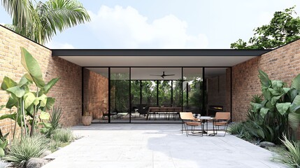 Modern Brick House with Patio and Tropical Garden