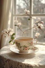 Cozy afternoon tea in a sunlit room with flowers near the window