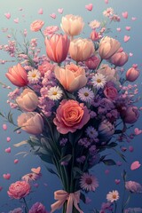 Beautiful floral bouquet with romantic hearts in a colorful arrangement