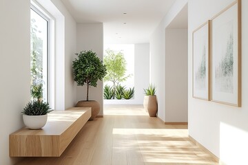 Bright hallway featuring natural light, greenery, and minimalist