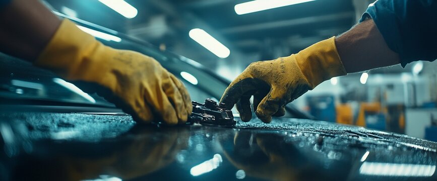 Two hands working on a car with tools in a workshop environment.