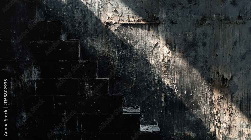 Poster A dimly lit staircase casts shadows on a textured wall, showcasing a blend of light and dark elements in an atmospheric setting.