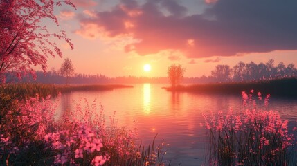 Fototapeta premium Serene Sunset over Calm Lake with Pink Flowers