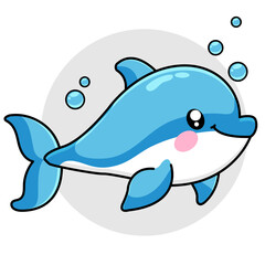 Cute Dolphin Cartoon Kawaii Sticker. Character Vector Illustration