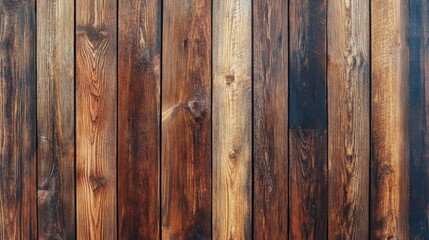 Naklejka premium A textured wooden wall featuring a variety of brown hues and patterns, showcasing natural imperfections and grain.