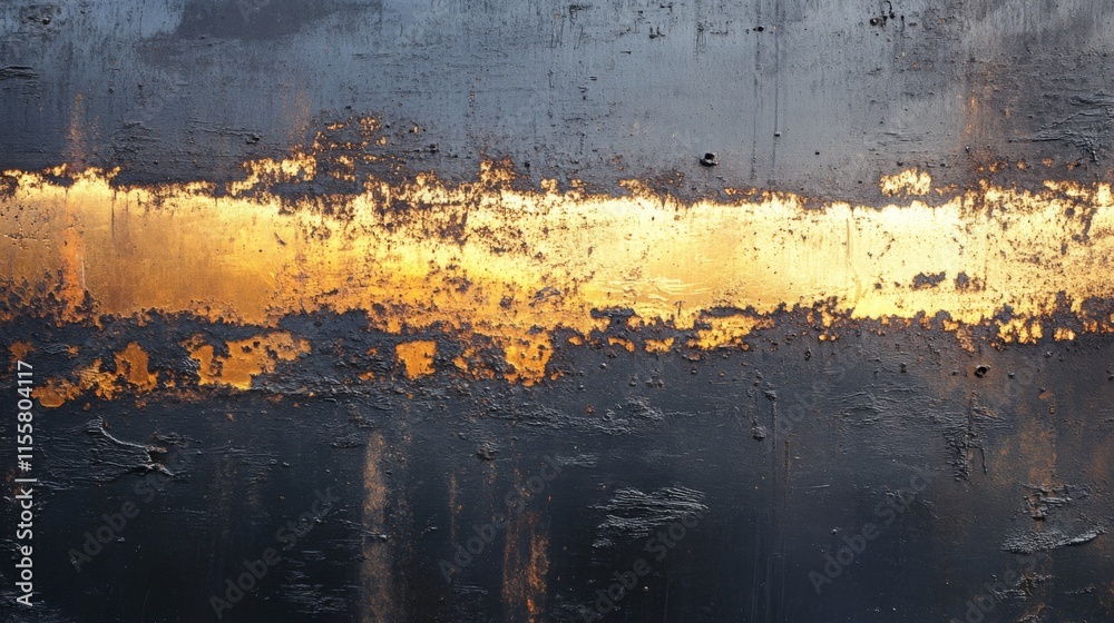 Fototapete A close-up of a textured surface reflecting golden light against a dark backdrop, creating an abstract interplay of color and form.