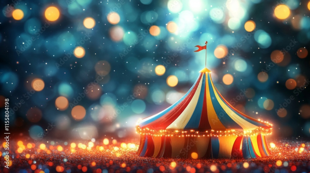 Poster a colorful circus tent illuminated by vibrant lights, set against a dreamy, bokeh background creatin