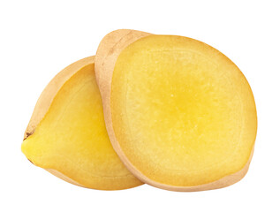 Sliced ​​ginger wedges isolated on transparent background.