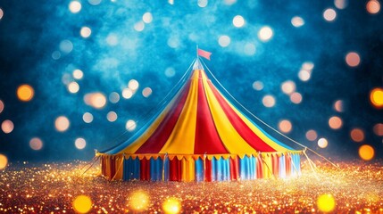 A vibrant circus tent with colorful stripes stands against a dreamy, bokeh-filled backdrop, evoking a sense of wonder and excitement.