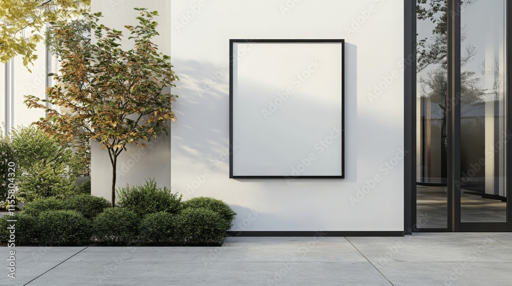 Poster a minimalist exterior view featuring a blank frame on a white wall, surrounded by greenery and moder