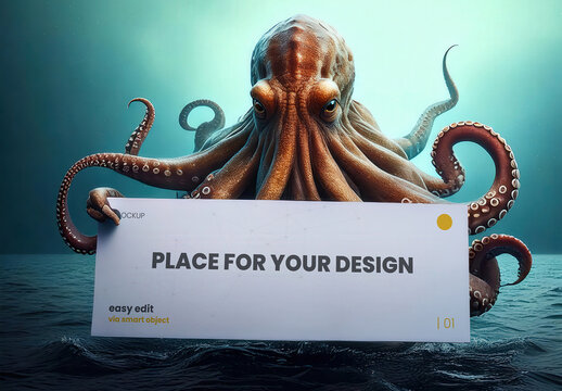 Kraken Octopus Holdign a Sign on the Water Mockup