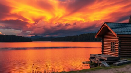 Fototapeta premium Tranquil Lakeside Retreat: Rustic Log Cabin in Sunlight. Serene wallpaper 
