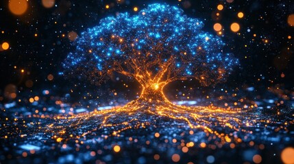 Glowing tree with roots, particles, and bokeh.
