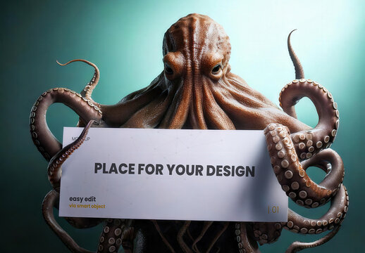 Kraken Octopus Holdign an Horizontal Sign Mockup