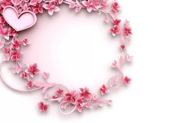 Elegant Pink Floral Frame with Heart Design on White Background - Perfect for Romantic, Wedding, or Valentine's Day Themes