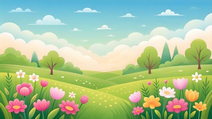 Fototapeta premium Cartoon spring meadow with colorful flowers and trees