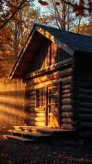 Tranquil Lakeside Retreat: Rustic Log Cabin in Sunlight	
