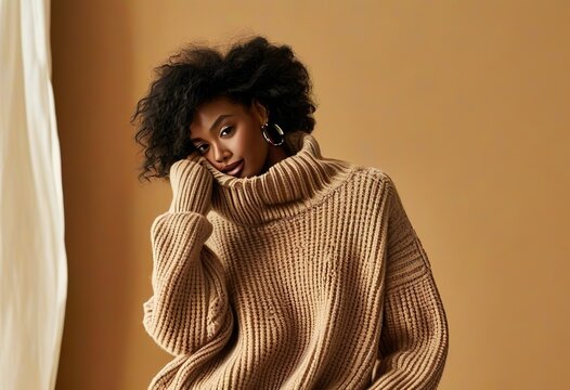 Mocha mousse fashion banner, girl with dark hair in a light brown knitted sweater on a brown background, color trend 2025