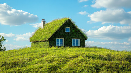 Obraz premium Green grass house in the field under blue sky, exterior view of ecology and environment friendly home building architecture. conceptual image, clean energy, conservation.