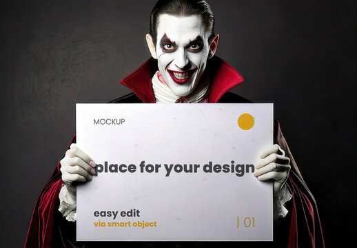 Dracula Holdign an Horizontal Poster Sign Page Mockup
