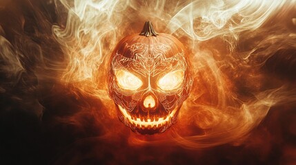 Fiery Halloween pumpkin carved as a skull, engulfed in swirling smoke, creating a dramatic and mystical scene.