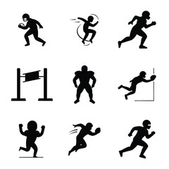 A collection of American football silhouette icons featuring players in various dynamic poses,