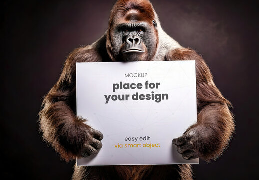 Gorilla Holdign a Poster Sign Mockup