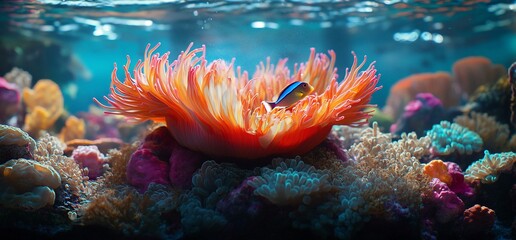 Fototapeta premium Vibrant underwater scene featuring an anemone and colorful coral reef.