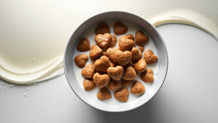A bowl of whole grain oat cereal in heart shapes, placed on a clean white background and captured from a back-view perspective.