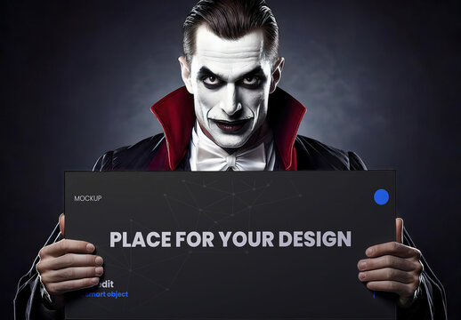 Halloween Dracula Vampire Holdign an Horizontal Poster Sign Mockup