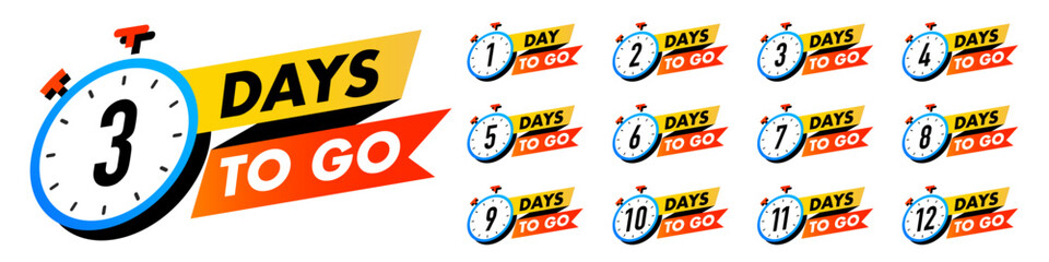 Countdown days to go vector 1,2,3,4,5,6,7,8,9,10,11,12 badge set for social media post, promotion, promo offer
