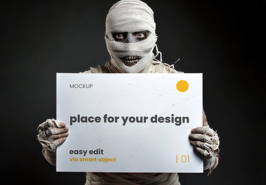 Halloween Egipt Mummy Holdign an Horizontal Poster Sign Mockup