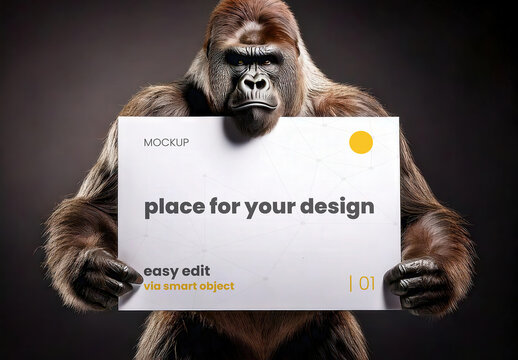 Gorilla Holdign an Horizontal Poster Sign Mockup