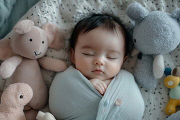 An adorable infant peacefully sleeping on a soft, cozy blanket in a warmly lit room.