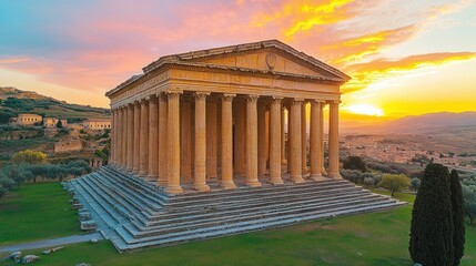 Obraz premium Golden sunset illuminates ancient Greek temple.