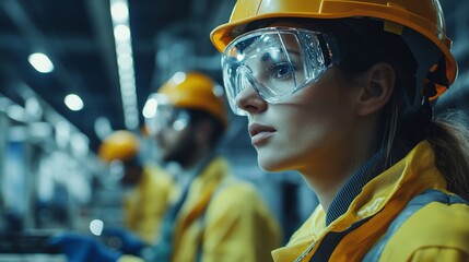 Workers in safety gear focus on tasks in an industrial environment.