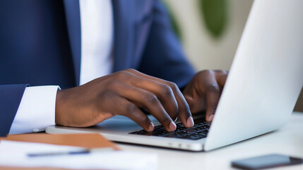 A man in a professional environment deeply engaged in work on his laptop. Perfect for content on efficiency in the workplace, time management techniques, business technology, and o