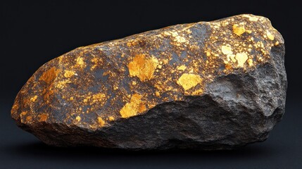 Gold-flecked rock, rough texture, dark background.