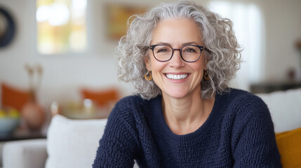 A cheerful woman with curly gray hair, wearing glasses and a cozy navy sweater, sitting comfortably on her couch in a bright living room. Perfect for blogs on self-care tips, creat