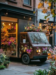 Small delivery truck in chocolate brown with floral designs parked outside a flower shop in a vibrant urban setting. Generative AI