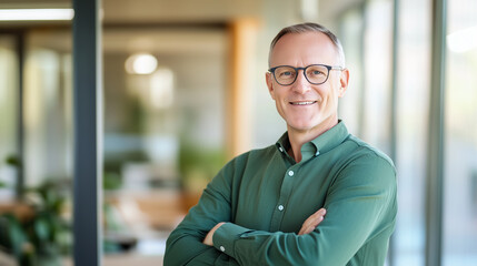 Fototapeta premium A smiling middle-aged man in glasses and a green shirt, standing confidently with arms crossed in a modern office environment. Ideal for content on leadership skills, executive suc