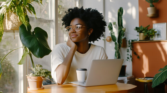 A confident woman enjoying a moment of calm with her coffee while working at her laptop in a bright, airy home environment. Great for blogs about mindfulness at work, remote work s