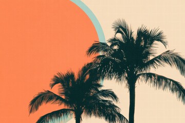 Palm trees under a vibrant pastel sunset with a calming blue backdrop, perfect for minimalist design inspiration. Generative AI