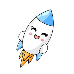 Cute Rocket Cartoon Kawaii Sticker. Character Vector Illustration