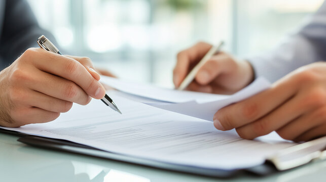 Two colleagues reviewing paperwork together, focusing on teamwork and effective communication. Ideal for content about project planning, workplace collaboration, and business partn