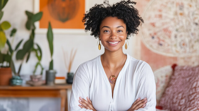 A joyful woman embracing a fitness routine with yoga in her stylish home space, showcasing balance and mindfulness. Great for articles on yoga for relaxation, mental health through