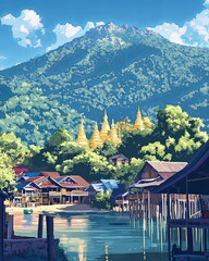 Naklejka premium Mae hong son Thailand Travel Poster Flat Illustration Print Decor Gift Canvas Wall Art Gift
